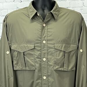 Orvis Button Front Shirt Long Fishing Roll Tab Sleeves Vented Green Mens L Large